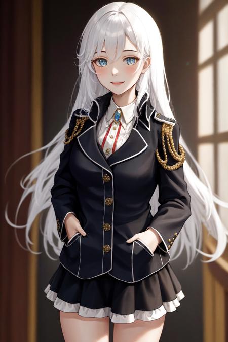 1girl la folia rihavein white hair military uniform white shirt black skirt brooch