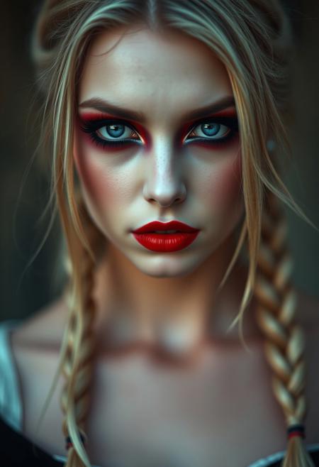 masterpieces, close-portrait, female, makeup, pale skin, blonde hair, braided hairstyle, mysterious, red black make-up, glossy blue eyes,best quality,masterpiece