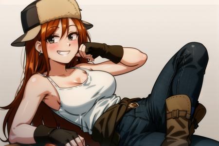 <lora:wendy_corduroy:0.6>, wendy corduroy,  masterpiece, best quality, 1girl, solo, hat, gloves, smile, boots, long hair, fingerless gloves, book, clothes around waist, breasts, pants, sitting, jewelry, tank top, earrings, looking at viewer, black gloves, black eyes, holding, denim, grin, fur hat, holding book, jeans, medium breasts, brown footwear, orange hair, shirt, bare shoulders, blush