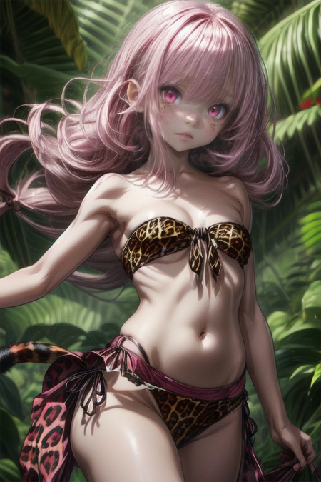 animal print,long hair,pink hair,(((pink leopard print))),pink eyes,bare shoulders,bikini,looking at viewer,swimsuit,navel,1girl,solo,small breasts,blush,outdoors,very long hair,strapless,collarbone,stomach,barefoot,closed mouth,red eyes,floating hair,tree,(((Large Underwear))),parted lips,bare legs,medium breasts,bare arms,nature,hair between eyes,,(((pink large boyshot))),print bikini,smile,cleavage