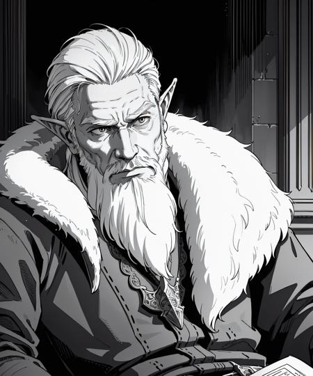 (inked original-art:1.2),(lineart:1.31),portrait male elf king with intricate-beard,wrinkles,white-eyebrows,(old:1.4),depth,throne-room,(dramatic),cinematic-composition,(hyperdefined),sad,from-below,grayscale,(thin-lines),punk-nouveaux-gothic aesthetic,rim-complex-lighting,ultradetailed-textures,(fine-details:1.3),RAW-format