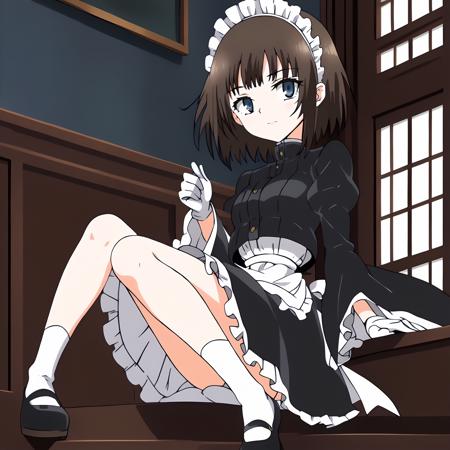 RurikawaTsubaki,1girl,brown hair,short hair,blue eyes, maid headdress maid,black jacket,wide_sleeves, white gloves, waist apron, skirt,frills, white socks, mary janes,