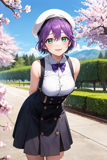 1girl, solo, short hair, purple hair, green eyes