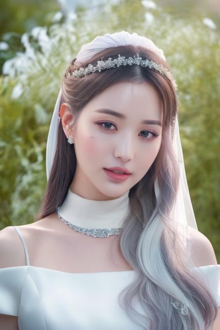 (close-up photo:1.5),(pov:1.1),(silver white hair,bangs:1.2),korean, woman, complex 3d render ultra detailed, portrait of beautiful women, smile,looking over spruce forest, moody portrait, striking features, beauty, intricate details, dramatic composition, tension, contrast, texture, realism, high-quality rendering, stunning art, high quality, film grain, Fujifilm XT3,swirly bokeh,(realistic, photo-realistic:1.4),RAW photo,physically-based rendering,(looking at camera:1.5),(looking at viewer:1.2),(8k, best quality, masterpiece:1.2),(full body shot:1.1),octane render,extremely detailed CG, unity 8k wallpaper,studio soft light, rim ligh,in forest,sunlight,standing,(a girl is wearing wedding dress:1.5),hyper realistic detail shiny skin,ultra detailed,(ultra realistic:1.5),(intricate:1.2),(photorealistic:1.4),1girl,(skinny:1.3),detailed background,<lora:iveWonyoung:1>,Wonyoung