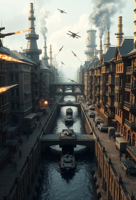 steampunk. Complex steampunk architecture. A narrow Canal in the middle. Bustling streets with cobblestone roads on both on both sides. 9 storey buildings. Artsy. Smoke coming from buldings. Soft, warm lighting casts a golden glow, enhancing the metallic tones. Digital illustration, Detailed and intricate, Warm and inviting hues of brass, copper, and brown. futureskyline. Aerial view. Futuristic. Technology. Bridge. Military fighting. War. Missles launched in the air. Men with Bazookas on both size. Boats carrying tanks. Ultrarealistic. Highres, absurdres, 8K quality, ultra photorealistic image. Beautiful.