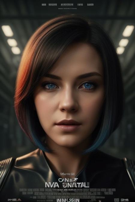 movieposter, Close-up portrait of a beautiful, female android with flawless, synthetic skin and piercing blue eyes. Short, silver hair styled in a sleek bob. Her expression is calm and thoughtful. Industrial background with wires and exposed circuits hinting at her robotic nature. Hyperrealistic style, detailed metallic textures, inspired by Syd Mead.  reality and the uncanny, where clouds merge with dreams and colors paint a film grain, closeup, medium shoot, mesmerizing  scene., cinematic Impressionism, masterpiece layout design, cinematic cloud of red smoke font design, movie poster design , 100 shade of Darkness Horror Movie