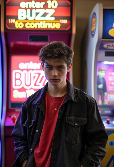 an 18 year old man in the 90s wearing 90s clothes worried looking for money in his pockets in front of an arcade where the screen says "enter 10 BUZZ to continue"