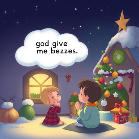 Kid praying, Disney style, small cloud above the head with a text: "god give me buzzes" Christmas atmosphere house calm
