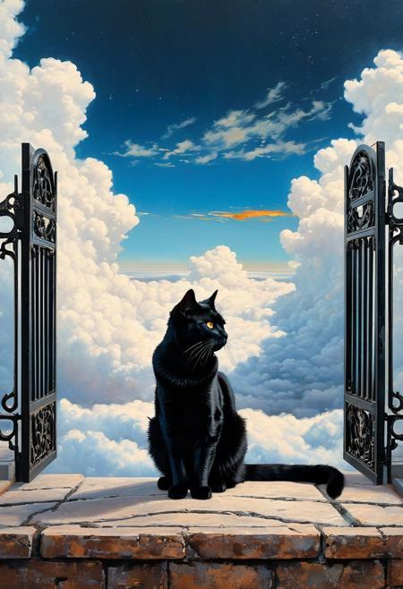(A black cat sitting at the gates of paradise on the clouds) (ingenious opus magnum by Michael Vincent Manalo and Elvira Vigna:1.2), (pastel oil painting:0.1), high key with glistening light, cosmic anddireful and dramatic atmosphere, (zestful quinacridone nickel azo gold and electricblue color swatch:0.1), raw details, crisp details, bokeh lights, <lora:xl_more_art-full_v1:0.6> ,analog photo, full body,, tall height, against the rise in the background, , , epic clouds, (oil on canvas:0.2), , art by Jeremy Mann, god rays, dramatic light,    ,  (art by Eduard Wilhelm Pose and Master of the Holy Blood and Ivan Bilibin:1.1), (oxygen-rich air and sheltered atmosphere,, aesthetic of hard - edge painting:0.1), symmetry and balance, pioneering unparalleled masterwork with superior details, <lora:MJ52:0.90> <lora:xl_more_art-full_v1:0.4> <lora:RMSDXL_Creative:1>,(skin texture),masterpiece, top quality, best quality, official art,highest detailed,,atmospheric lighting, cinematic composition,complex multiple subjects, 4k HDRvaporwave style , , cyberpunk, vibrant, neon colors, , highly detailed,,,Leica Q2 with Summilux 35mm f/1.2 ASPH, ,clear face, Ultra High Resolution, wallpaper, 8K,Rich texture details, hyper detailed, detailed eyes, detailed background, dramatic angle,