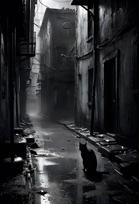 Wide angle black and white noir illustration, (Black cat lurking in the shadows:1.3), Sinister atmosphere, Abandoned alley, Broken streetlights, (Dark and moody:1.2), Looming buildings, Drizzling rain, Broken windows, (Horror-filled setting:1.2), Dramatic composition, Dark and atmospheric, Expressive brushwork.