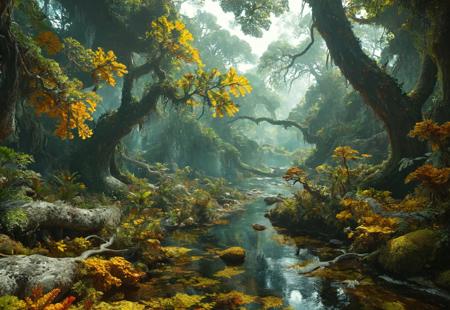 a realistic dense, prehistoric jungle teeming with life, where towering trees with gnarled trunks and oversized leaves create a lush canopy overhead. Shafts of sunlight illuminate patches of colourful plants and lichen. Strange creatures can be seen flitting between the branches. A winding river snakes through the jungle, its waters reflecting the rich greens and yellows of this amazing jungle 