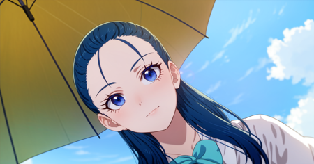 kiryuukaoru, 1girl, solo, sky, umbrella, eyelashes, day, looking at viewer, cloud, from below, blue sky