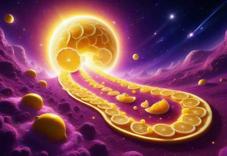 A cosmic dreamscape where entire planets are made of lemon slices, floating in a deep purple galaxy. Rings of zest orbit around glowing citrus orbs. Comets leave trails of sparkling sugar dust, and black holes twist with pulpy vortexes. Space stations shaped like lemon juicers drift silently between star clusters of lemon seeds. Astronauts in citrus armor harvest glowing fruits from asteroid fields. The universe radiates a sour, magical energy. High-detail cosmic surrealism, glowing yellow highlights, starry background, fantasy space concept art