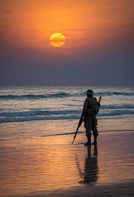 Capture the tranquil yet enigmatic scene of a lone sentinel on a beach at sunset. The man, a dark silhouette, stands with a weapon drawn, his outline sharply defined against the vibrant sky. The setting sun paints the horizon in golden hues, creating a peaceful atmosphere with its warm glow. As dusk falls, the rising moon adds a touch of magic to the composition, enhancing the serene beauty of the ocean. Focus on the stillness of the figure, his presence exuding quiet strength and mystery. The gentle waves and soft breeze emphasize the calm before the storm, inviting viewers to imagine the story behind this silent guardian of the sea.