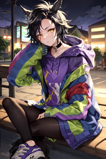 masterpiece, best quality,
air shakur \(umamusume\),
night,
sitting, on bench, shadow on face,
(multicolored jacket:1.2),
choker, hood down, purple hoodie, hooded jacket, long sleeves, sleeves past wrists, off shoulder, purple shirt, open jacket, black pants, sneakers,
<lora:air_shakur_loha-000007:0.7>