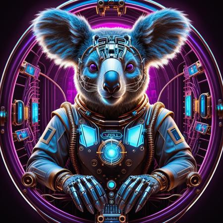 neonpunk style  <lora:Qu4ntumPunk_04XL:1> qu4ntum, style, a surreal rendition of a mechanical koala, cyborg koala with cybernetic implants, cybernetic eyes, cybernetic limbs,  on a mechanical eucalyptus tree space station mothership floating in outer space with radiant and vibrant colors ranging from purple to blue,  geometrical fractalized lighting patterns, fractals composition of Divine ascendency, holy sanctity of Koalas Divinehood fur, expressing joy and laugher,  complex reflections, mathematical iterations in a holographic matrix, bent o space,disruption of the space continum, doctor brown's accelation theory in execution, diddy didn't like it,  cinematic lighting, soft shadow, cosmic waves, spectral atmosphere . cyberpunk, vaporwave, neon, vibes, vibrant, stunningly beautiful, crisp, detailed, sleek, ultramodern, magenta highlights, dark purple shadows, high contrast, cinematic, ultra detailed, intricate, professional