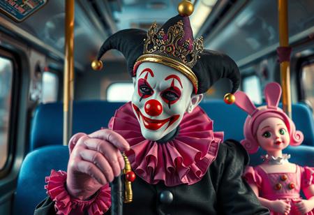 magic Clown in black and pink costume with gold crown, bus interior, pink doll opposite. White face paint, red/black accents, cane. Blue seat backdrop. "Trending on Artstation, Octane Render, Unreal Engine 5, Raphael style, Houdini style, splash ink illustration, grammer effect style, joyful impact, CGSociety, golden ratio, 4k, lifelike details, super detailed face and eyes."
