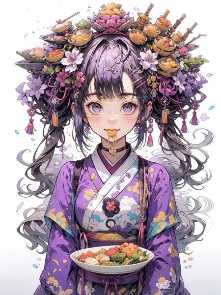 HEZI, 1girl, solo, hair ornament, japanese clothes, bowl, kimono, purple eyes, flower, food, hair flower, looking at viewer, bangs, upper body, chopsticks, hair bun, blush, purple hair, double bun, floral print, jewelry, earrings, smile, nail polish, grey hair, print kimono, noodles, closed mouth, eating, sidelocks, red flower, egasumi, grey background, food-themed hair ornament, :3, blunt bangs, new year, x hair ornament, tassel, black nails, choker, black kimono, pink flower, hairpin, hairclip, headband, portrait <lora:çå­ç³»åââåè´§å¥³å­©:0.65>