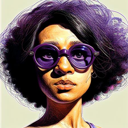 ebony Mona Lisa wearing purple sunglasses and ((curly afro hairstyle)), Scribbled Pattern <lora:rabisco:1>