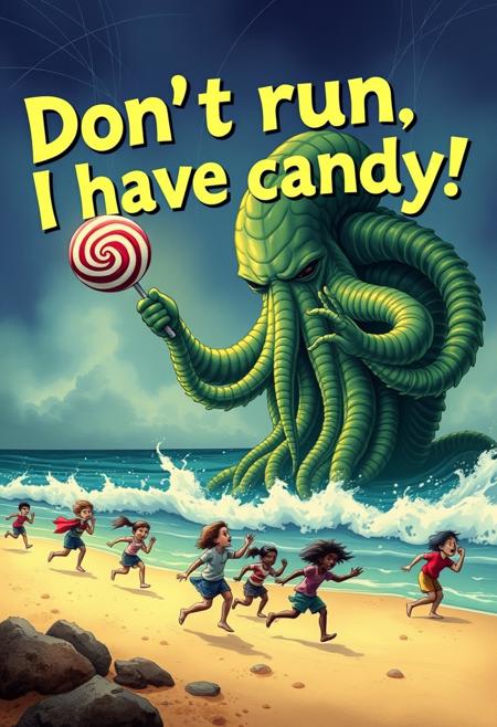 A kids book titled "Don't run I have candy!" Great  Cover picture of book is Cthulhu coming out of the ocean with giant lollipops in hand. A beach full of terrified children run screaming away from Cthulhu.