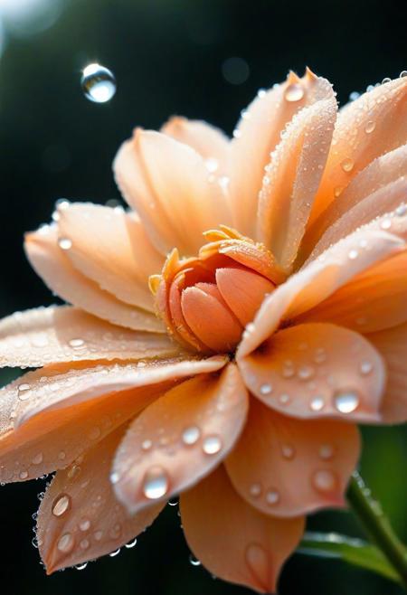 High contrast, colored, graphic novel illustration, extreme close up of a pastel peach flower, dew drops, water droplets, blurry background, dynamic angle, 
 <lora:tearStyle2-000007:0.8> tearStyle2  <lora:Add_Details_v1.2:1> <lora:xl_rpr_soulgemmed_v1:0.6> rp_slgd