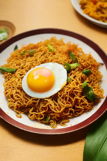 food, photography, miegoreng with egg fried and chilies on banana leaf, wooden table, soft focus, dramatic light, low ligt, blurry background <lora:ARWmiegoreng:1>