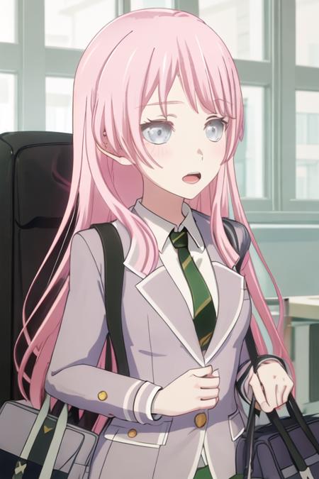 best quality, masterpiece, highres, solo, {chihaya_anon_bangdreamitsmygo:1.15}, long_hair, pink_hair, bangs, blush, necktie, grey_eyes, blazer, open_mouth, upper_body, indoors, 1girl, collared_shirt, jacket, school_uniform, shirt, white_shirt, closed_mouth, looking_at_viewer, portrait