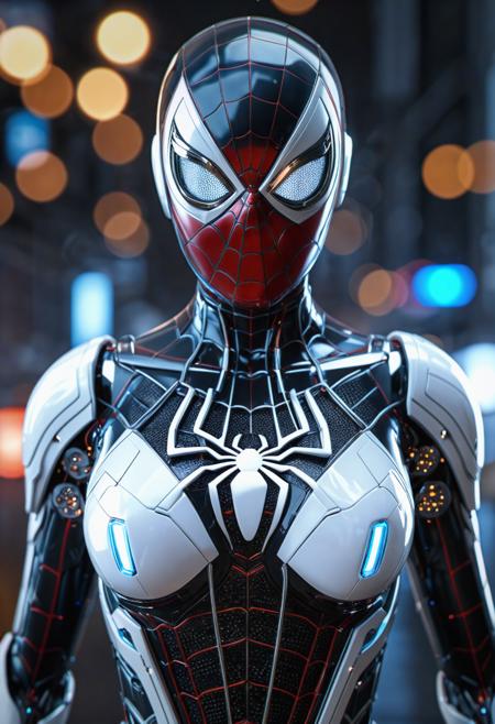 cybernetic robot (best quality, masterpiece, highest detailed), a beautiful woman, medium breasts, white spider-man suite, ultra-detailed, (official art, extreme detailed, highest details), photorealistic, intricate translucent energy details, bokeh, detailed face, detailed eyes, HDR+ 8K, two shot angle,medium shot,school . android, AI, machine, metal, wires, tech, futuristic, highly detailed