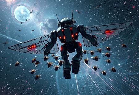 Create a highly detailed, 8k resolution digital painting of a flying robot in a space galaxy environment. The robot should be centered in the frame, with a full-body rear-shot perspective. It should have boots and be accompanied by a crimson-black bee army flying behind it. Include tracing star trails and a glaive in the scene. The style should be cyberpunk, with a focus on sharp focus and lifelike details. Incorporate elements of rust and android design. The image should be created using Unreal Engine 5 and Cinema 4D, with a smooth and sharp focus. The desired aesthetic is reminiscent of the work of Artgerm, Greg Rutkowski, Alphonse Mucha, and Loish. Ensure the image is of high quality, with no blur or depth of field effects.