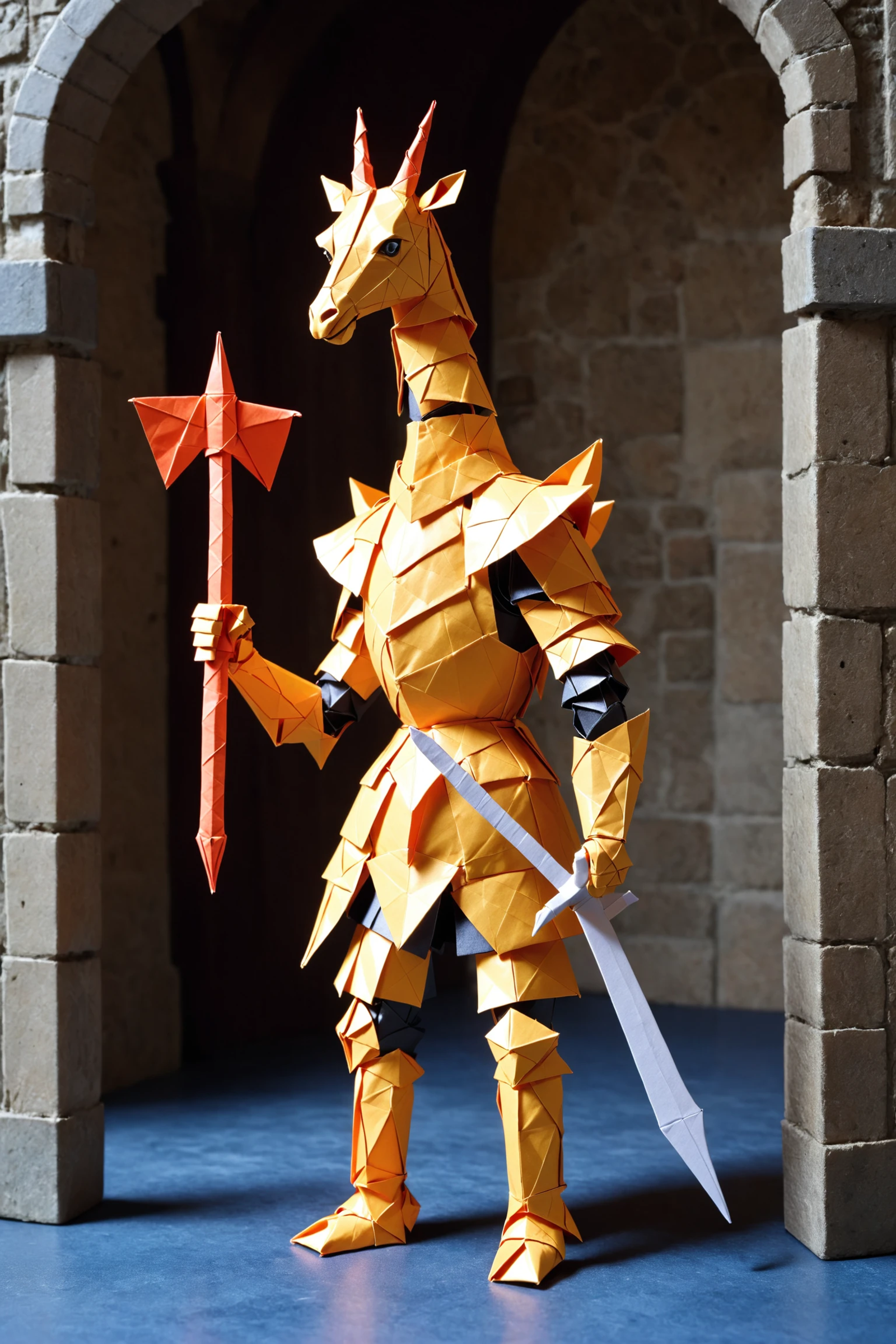 origami giraffe knight, armor, battleaxe, medieval castle