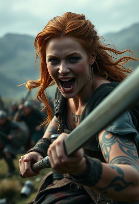 highly detailed cinematic scene, close up portrait of tattooed beautiful ginger female Pict Highlander warrior shouting wearing kilt, charging downhill into battle holding sword. Other warriors clash in the distance.  Scottish Highlands in the background, cinematic realism, high action pose, perfect pupils, insanely detailed faces, correct digits, realistic skin, intricately detailed filthy place, film grain, HD, 8k, volumetric lighting, clear -dark, smoky, dimly lit, hair backlight, ear backlight, volumetric lighting, perfect eyes, perfect pupils, expressive eyes,