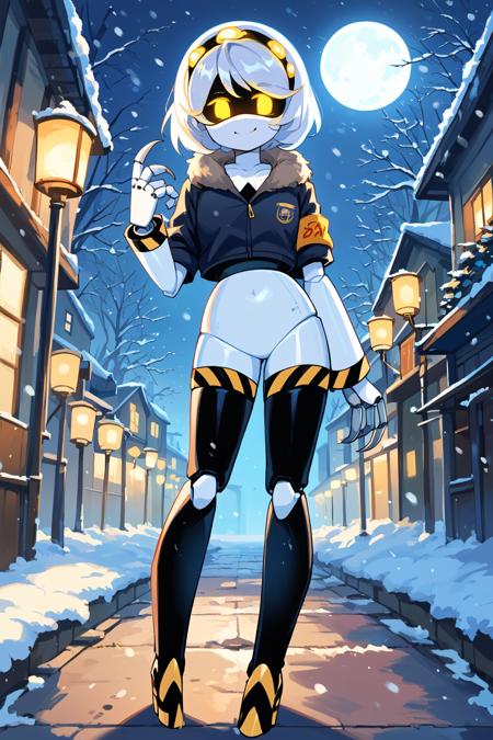 SD-v robot girl, humanoid robot, robot joints, short white hair, hairband, yellow eyes, glowing eyes, fur-trimmed black jacket, short sleeves, armband, no feet, black legs, mechanical wings