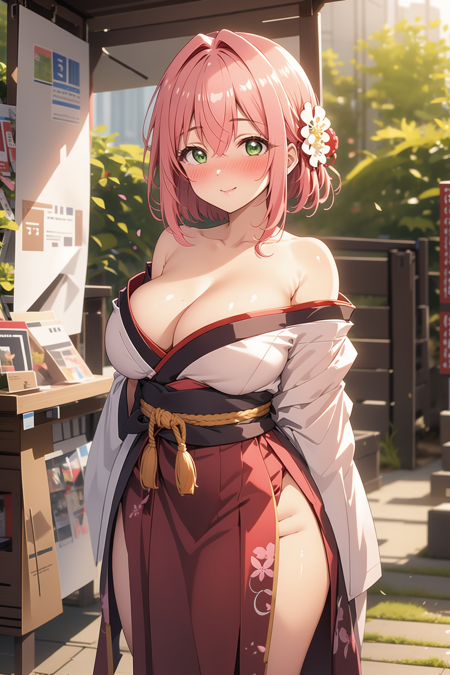 1girl, solo, BREAK outdoors, japanese festival, looking at viewer, (masterpiece:1.2), best quality, high resolution, unity 8k wallpaper, (illustration:0.8), (perfect hands, perfect anatomy), (blush:1.5), shiny hair, shiny skin, standing, large breasts, off shoulder, thighs, japanese clothes, cleavage, bare shoulders, pelvic curtain, hanazono hakari, short hair, pink hair, hair between eyes, hair flower, hair ornament, green eyes