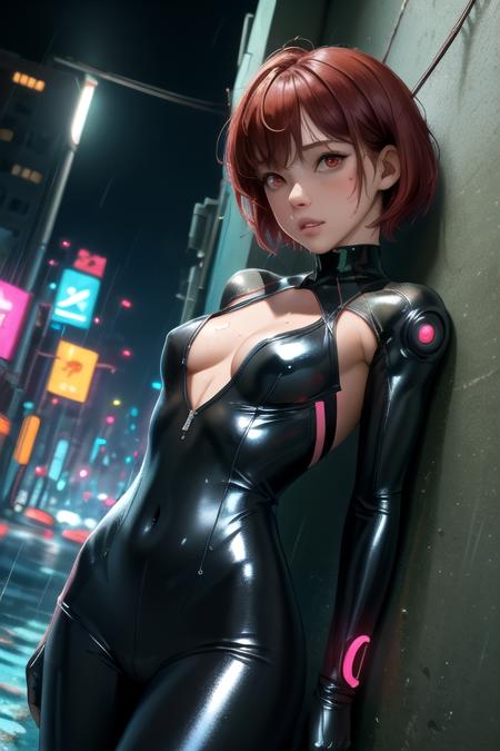 (masterpiece, best quality), 1girl, solo, tomboy, very short hair, pixie cut, red hair, crossed bangs, red eyes, small perky breasts, tall female, muscular female, cyberpunk, city, building, neon lights, bodysuit, cleavage, neon trim, glowing, wall, leaning, leaning back, against wall, wire, looking at viewer, bored, parted lips, night, rain, wet, wet clothes, wet hair, shiny skin, water drop, cowboy shot, dutch angle, sexually suggestive