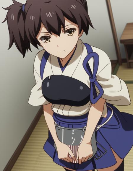 kaga, short hair, brown hair, brown eyes, side ponytail, kaga (kancolle), medium breasts, skirt, thighhighs, japanese clothes, black thighhighs, zettai ryouiki, hakama, hakama skirt, muneate, tasuki,