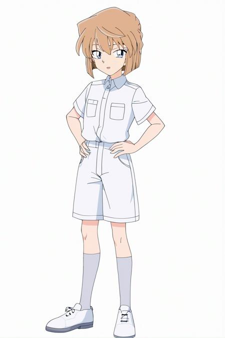 score_9, score_8_up, score_7_up, score_anime, 8k, best quality, masterpiece, (ultra-detailed), (white background,simple background:1.3), solo, hands on hip, (full body:1.1), looking at viewer, 
<lora:hyai-pony-Tanger-000014:0.7>, hyai, qingshan art style, 1girl, brown hair, short hair, blue eyes, detailed eyes, 
white shirt, white shorts, socks, shoes,
