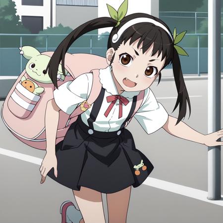 MayoiHachikuji,1girl,black hair,twintails,brown eyes,hair band,green hairbow, white shirt,red neck ribbon,short_sleeves, suspenders,suspender skirt,black skirt, white socks, pink footwear, backpack,pink bag, bandaid on knee, fang,