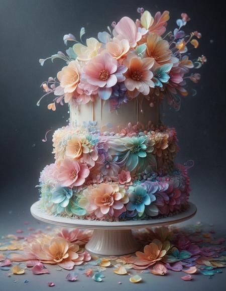 wedding cake, p1nk1r1fl0wers, made out of iridescent flower petals, high quality, masterpiece <lora:PinkieIriFlwrsSDXL:1>