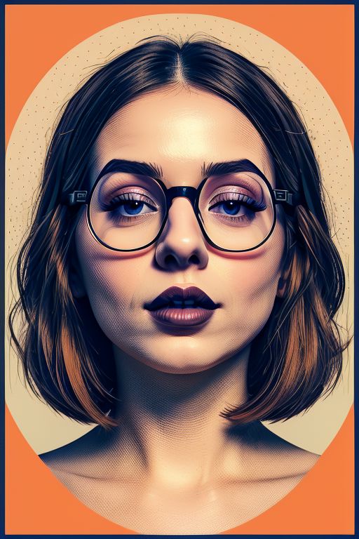 Meg Griffin, plump lips, aquiline nose, shortstack, brown hair, glasses, Minimalist illustration, muse of the arts, dancing linework, resonating with a secret tune, orange blue gradient background, highly detailed, deep darks, high contrast, masterpiece, 8k, French vibe