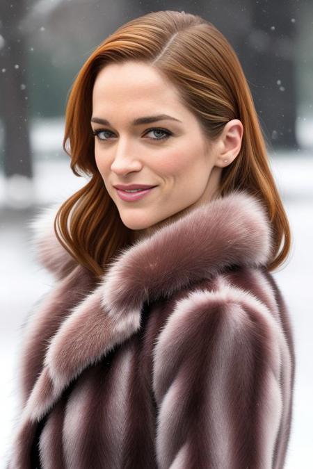 Picture, best quality, snowflakes falling, a woman in central park in winter, photo of Koh_MelanieScrofano, wearing fur coat, winter coat, snowfall, dim lighting, low lighting, dramatic, looking at viewer, perfect face, perfect eyes, sharp focus, trending on ArtStation, trending on CGSociety, snow particles