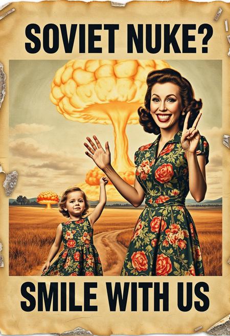 “A decayed, vintage-style poster from 1957, weathered and torn, depicting a surreal American country scene. The faded image shows a woman in a floral-patterned 1950s dress holding her young daughter’s hand with one hand, while making an exaggerated ‘OK’ sign with her other hand. Her wide, mad smile radiates an eerie and unsettling charm. In the far background, a massive nuclear mushroom cloud dominates the sky, with fiery orange fireballs at its base and visible blast waves rippling through the landscape. The poster’s bold text, ‘SOVIET NUKE?’ across the upper section and ‘SMILE WITH US’ in the lower section, is faded, smeared, and inked with scribbles and stains. The paper appears rotten, with tears, creases, and discolored edges, amplifying the eerie and apocalyptic tone of the piece.”