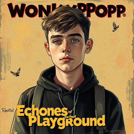 high quality design aesthetics, detailed, hip hop, alternative pop, pop album cover, young white man, artist name "WonkyPop", album title "Echoes of the Playground"