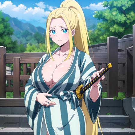 <lora:beatrix:0.8> beatrix, 1girl, solo, breasts, blush, large breasts, cleavage, very long hair, weapon, outdoors, japanese clothes, sword, kimono, sweatdrop, tree, blood, katana, yukata