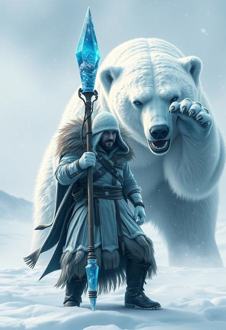 "Image of a snow spirit, a great hunter, standing tall and readying their massive spear to defend against a giant ravenous snow bear. The tip of the spear is made of magic blue ice, glowing with an otherworldly energy. The snow bear looms over the hunter, its eyes fixed on its prey, its massive paws raised and ready to strike. The hunter's face is set in a determined expression, their eyes locked on the bear as they prepare to face the attack. The snow-covered landscape stretches out behind them, with snowflakes gently falling around the scene. Style: dramatic, intense, and mystical, with a focus on capturing the hunter's bravery and the bear's ferocity." Absurdres Highest-Quality, 4k