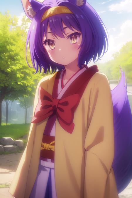 izunahatsuse, <lora:izuna hatsuse s1-lora-nochekaiser:1>,
izuna hatsuse, short hair, animal ears, purple hair, hairband, animal ear fluff, fox ears, slit pupils, (yellow eyes:1.3),
BREAK bow, tail, japanese clothes, wide sleeves, kimono, fox tail, short kimono,
BREAK outdoors, forest, nature, sun, sky, clouds, trees, river, grass,
BREAK looking at viewer, (cowboy shot:1.5),
BREAK <lyco:GoodHands-beta2:1>, (masterpiece:1.2), best quality, high resolution, unity 8k wallpaper, (illustration:0.8), (beautiful detailed eyes:1.6), extremely detailed face, perfect lighting, extremely detailed CG, (perfect hands, perfect anatomy),