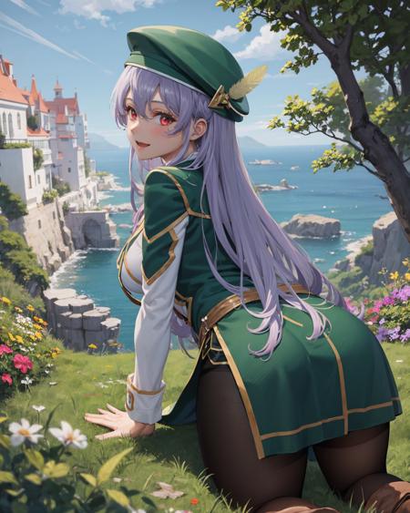 best quality, (masterpiece:1.2), illustration, absurdres,
(1girl, solo), (beautiful detailed girl),
<lora:Aeolia-07:0.7>, Aeolia, lilac hair, long hair, red eyes, medium breasts,
 green hat, hat with feather ornament, green dress, green coat, 
green outfit, black_pantyhose, white shirt, brown shorts, fleece lined boots, brown boots,
garden, distant sea, distant ocean, mediterranean buildings, white buildings, castle on top of hill,
all fours,
from behind,,
looking at viewer, happy