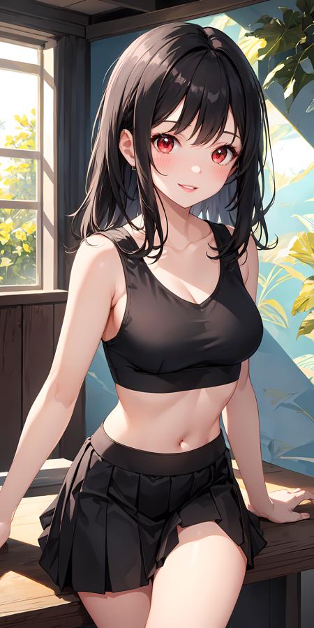 1girl, parted lips, blush, makeup, light smile, black hair, red eyes, crop top, skirt, light rays, glow, thighs, collarbone, narrow waist, (masterpiece), wallpaper,