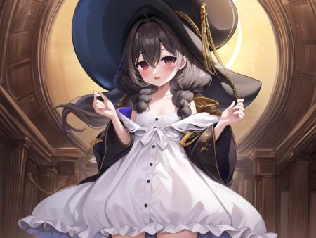 Whydah,black hair, long hair,black tricorn hat,low twintails, petite, flat chest, white dress, black jacket, 