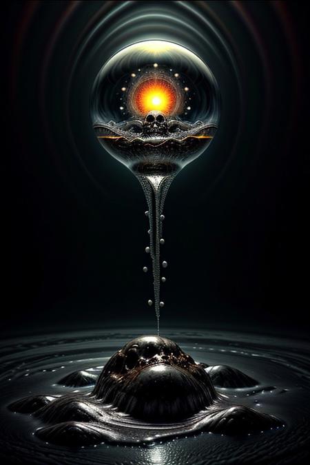 A close-up photorealistic image of a crystal-like floating skull facing dynamic view with its mouth open, pouring from it's mouth a shimmering liquid resembling the universe onto the ground, filled with rich stars and swirling galaxies. A simple void background enhances the dark atmosphere, shrouded in fog, capturing the hypnotic flow and shimmer of the cosmic liquid, from side,
