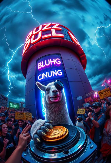 Captured with a cinema-grade 12mm fisheye lens, the surreal scene unfolds around the towering “BUZZ MONOLITH”, curving into the clouds. Its neon buttons—“SIP,” “CHUG,” and “OVERLOAD”—bulge outward, glowing intensely as crackling lightning arcs illuminate the moody dusk sky. The lens’s distortion emphasizes the machine’s absurd, larger-than-life scale.
At its base, a llama with sweat-matted fur struggles to push a tractor-tire-sized coin toward the oversized slot. Its determined expression, bulging eyes, and trembling legs are captured in vivid detail. Around it, a chaotic crowd of humans and anthropomorphic animals cheer wildly, their signs—“LLAMA POWER!” and “BUZZ OR BUST!”—warping with the lens’s curvature. Nearby, a penguin DJ spins on a metallic turntable, neon lights reflecting off its glossy surface.
Above, a sly tabby cat in a cyberpunk trench coat and glowing VR goggles scales the monolith, a grappling hook in tow. Its neon-lit goggles glow sharply as it approaches the flickering sign “FEED ME YOUR BUZZ,” warped into an ominous curve by the lens.
The fisheye’s distortion adds drama, exaggerating the scale of the machine and the chaos of the crowd. From the rain-slicked ground to the vibrant neon reflections, every detail pops in this cinematic snapshot of determination and mischief.